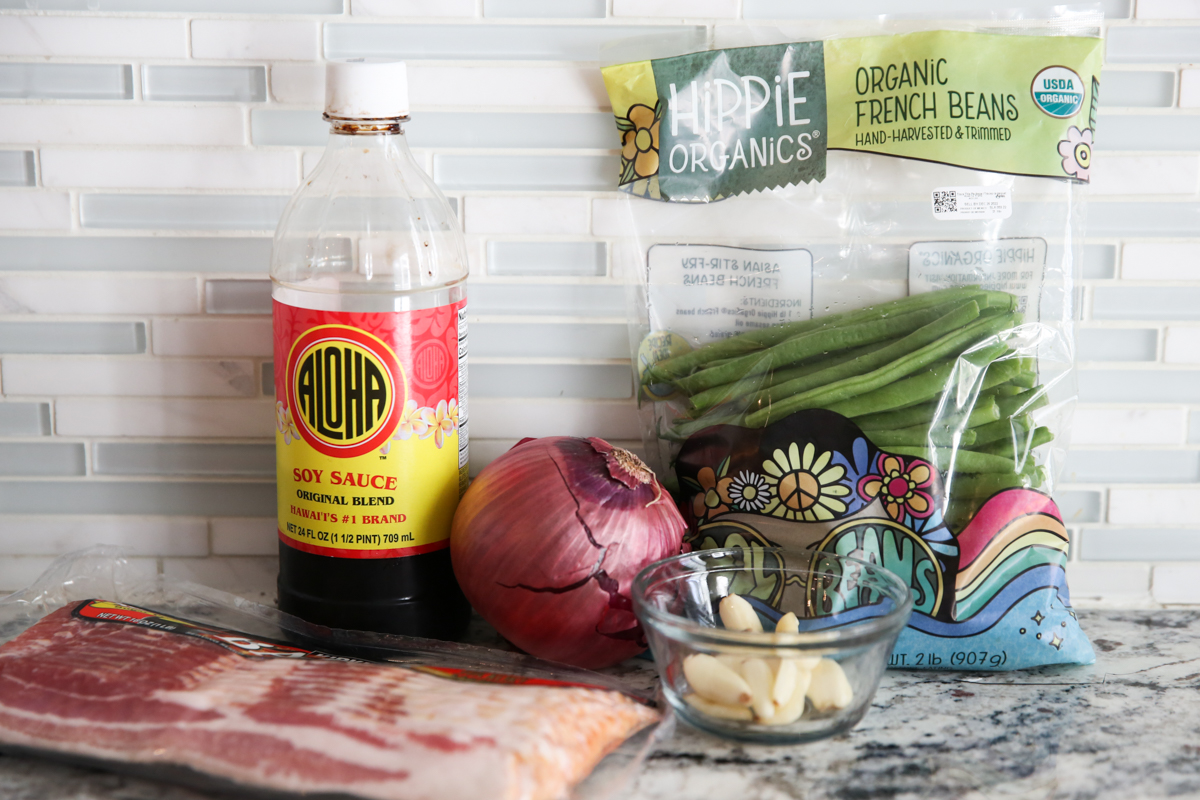 caramelized green bean ingredients on a counter