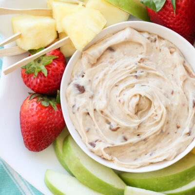 caramel dip on a platter with fruit