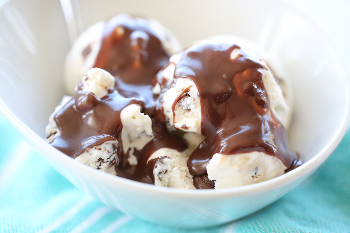Hot fudge sauce over ice cream