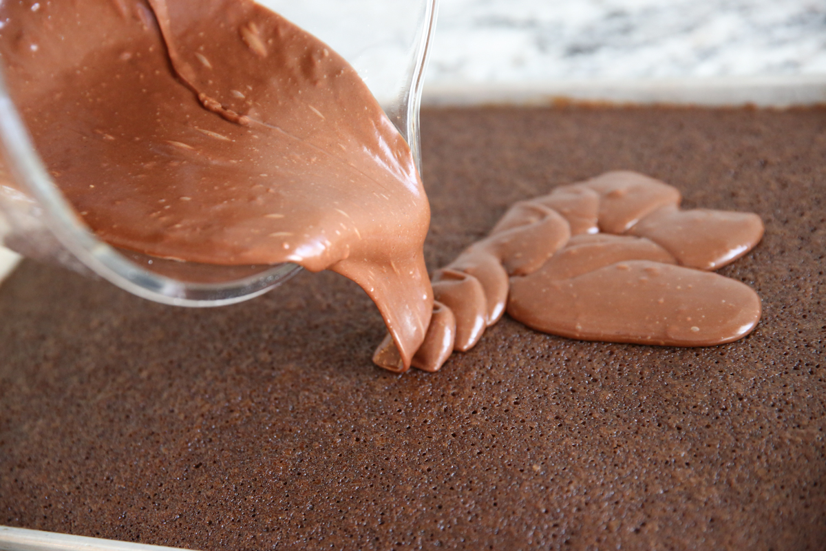 pouring chocolate frosting