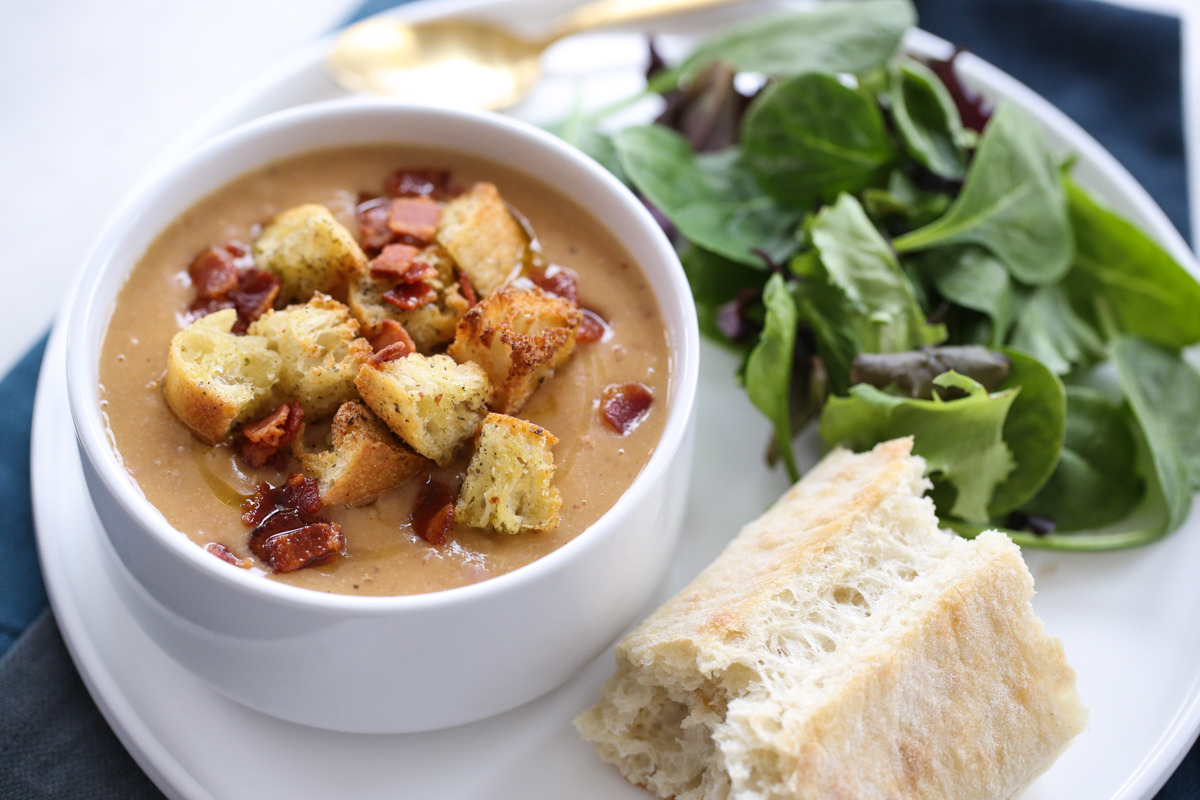 Smokey Bean and Bacon Soup in a bowl with croutons