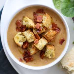 Bowl of bean soup with croutons