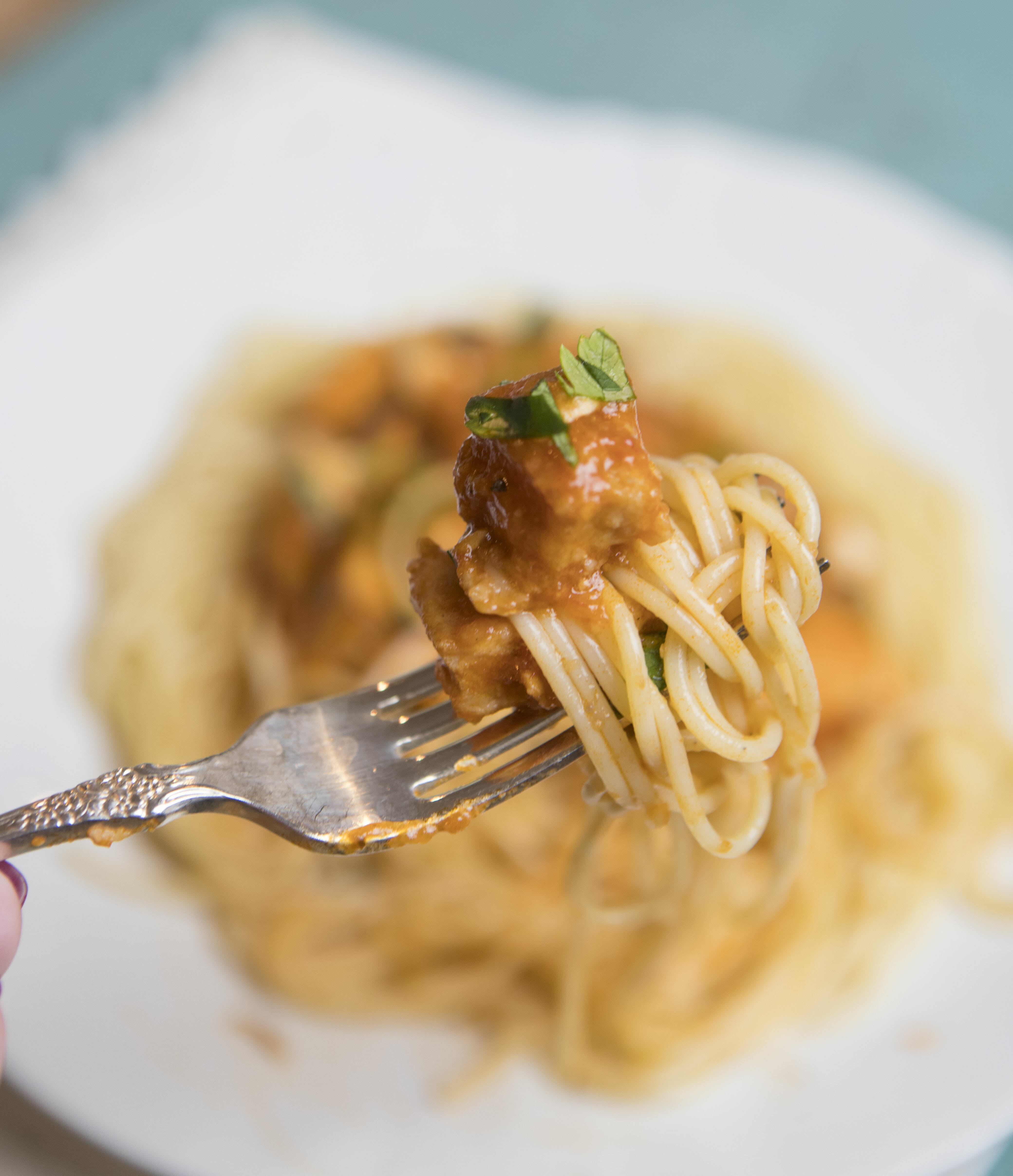 Twirled pasta on fork