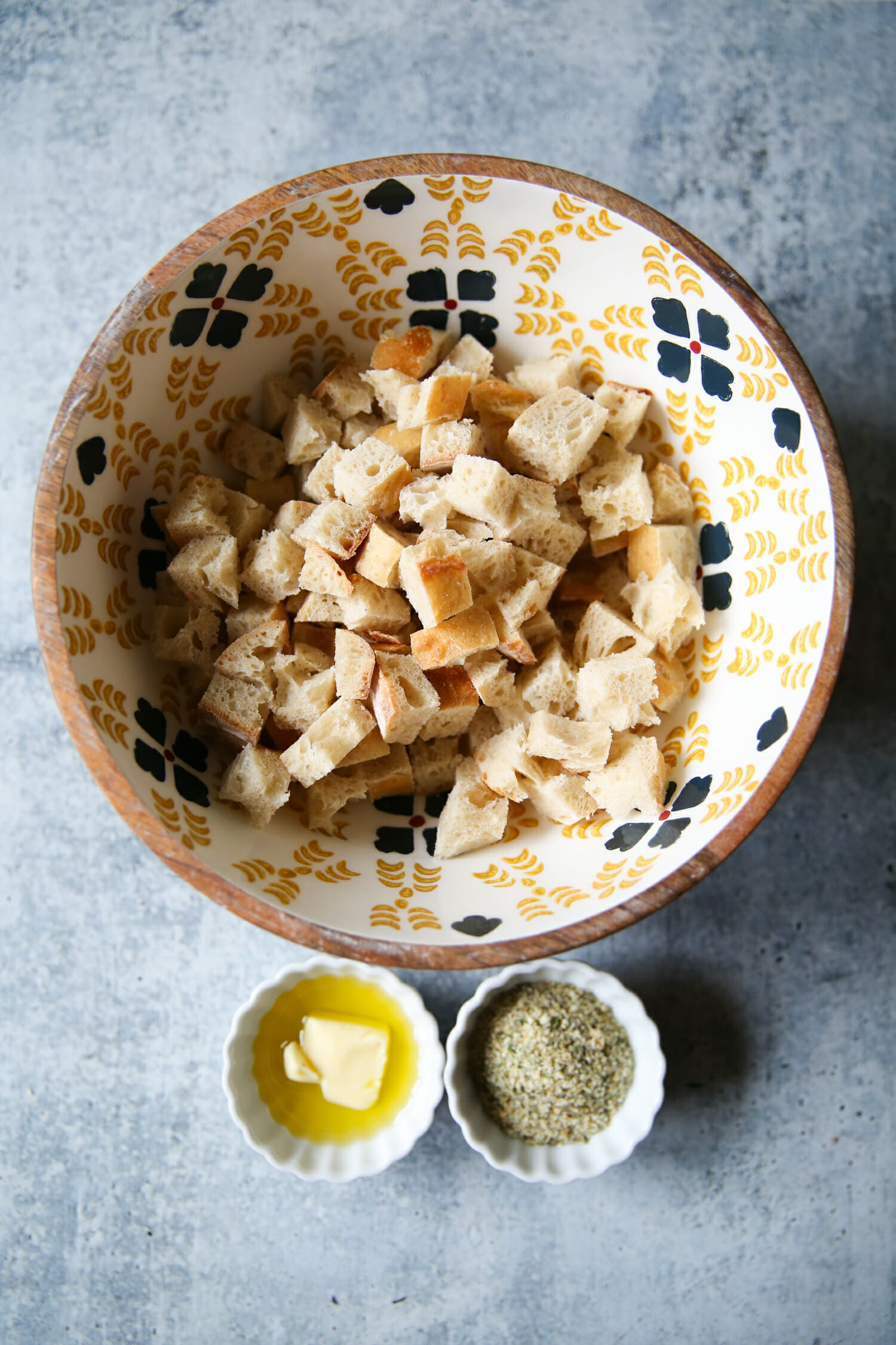 ingredients for homemade sourdough garlic-herb croutons from our best bites