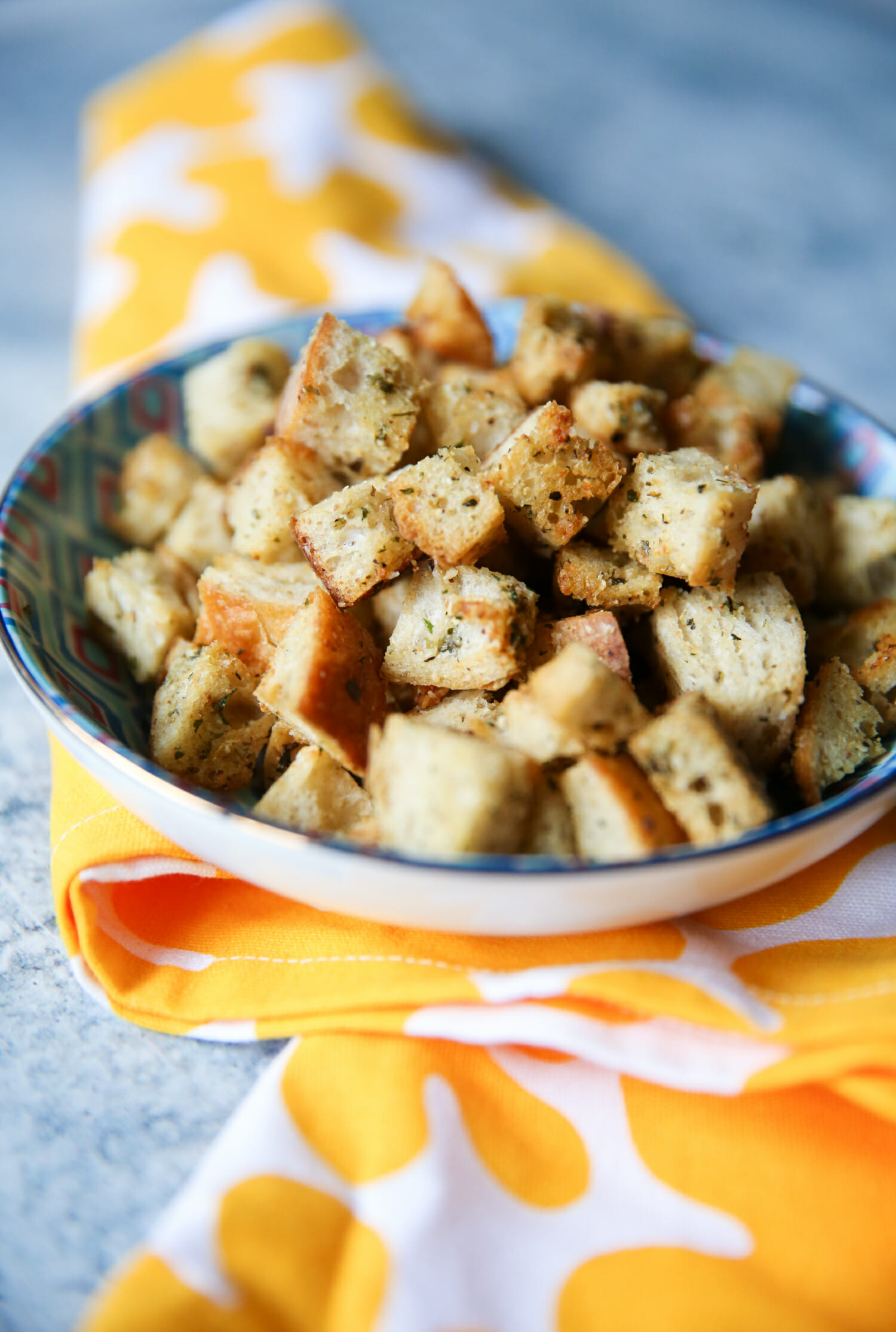 homemade sourdough garlic-herb croutons from our best bites