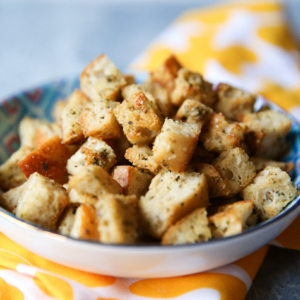 Homemade sourdough garlic herb croutons