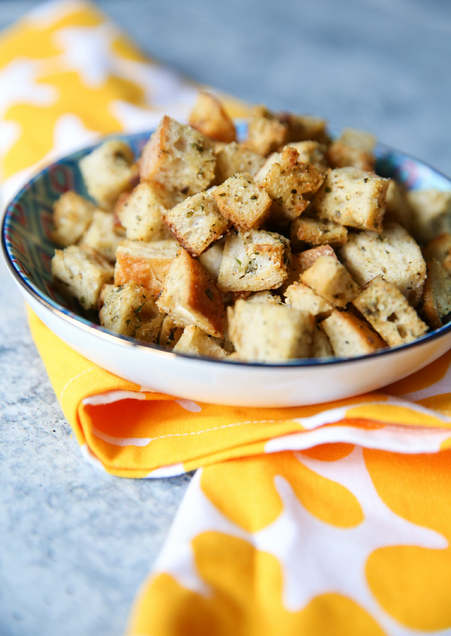 homemade sourdough garlic-herb croutons from our best bites