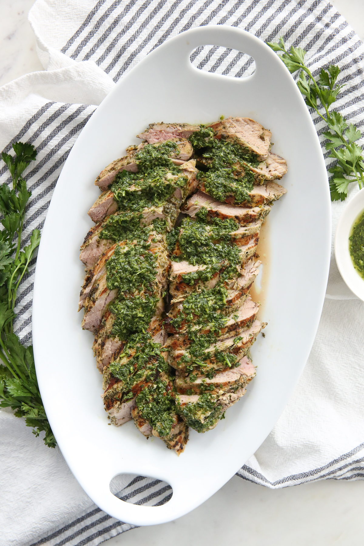 chimichurri sauce over pork tenderloin