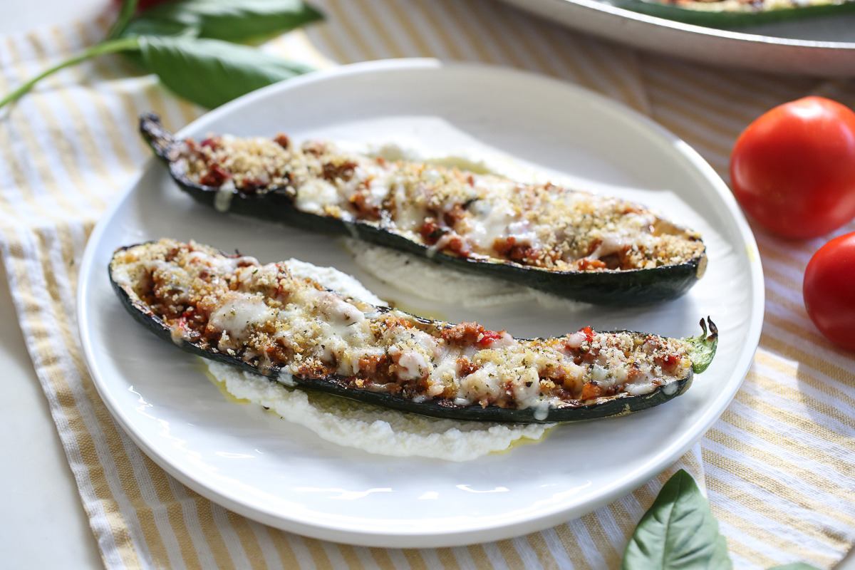 Grilled Stuffed Zucchini on a platter