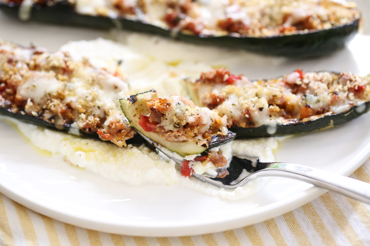 Grilled Stuffed Zucchini on a platter
