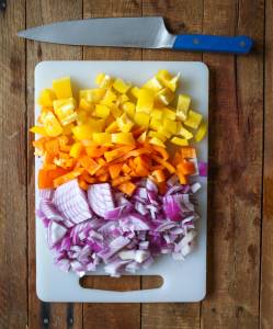chopped peppers and onion for southwestern beef wraps