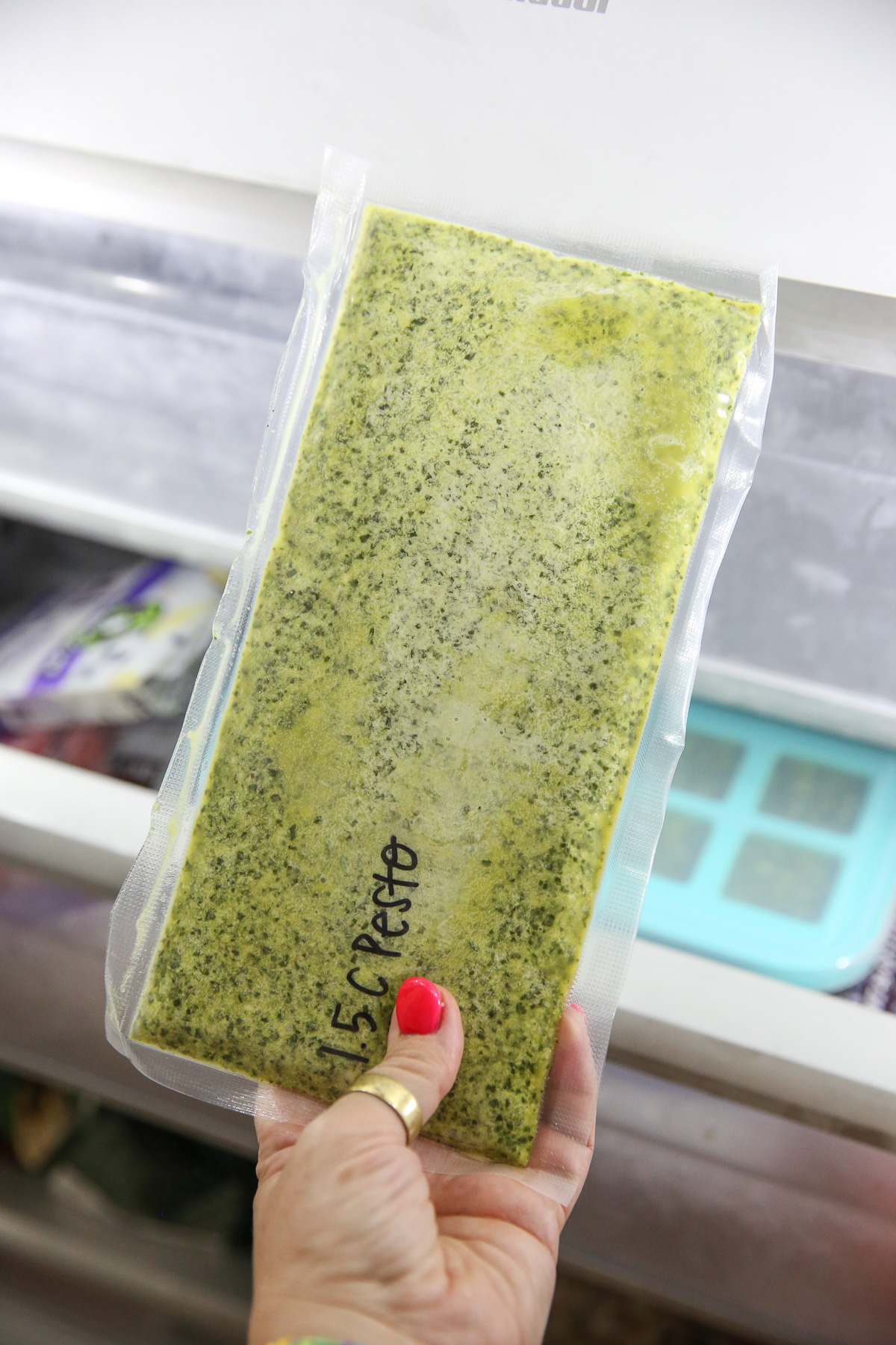 vacuum sealed bag of pesto