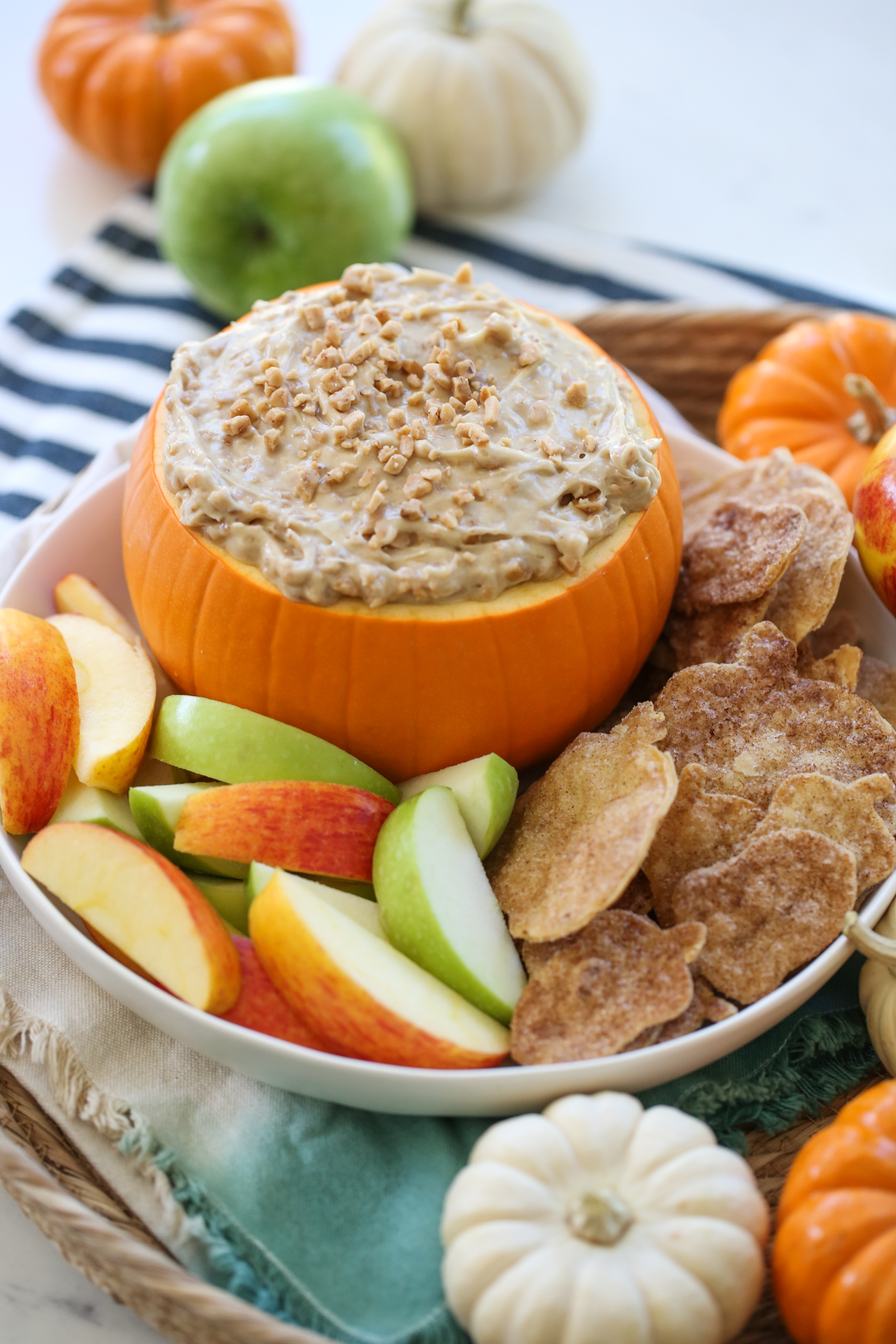caramel toffee dip in a pumpkin