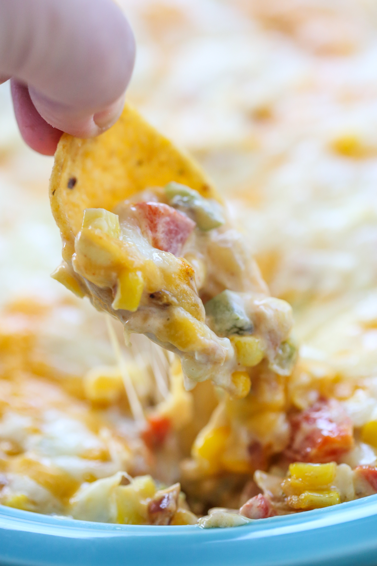 hot corn dip bite on chip