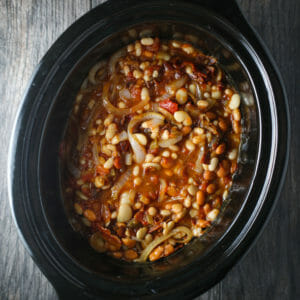 baked beans recipe kept warm in a crock pot