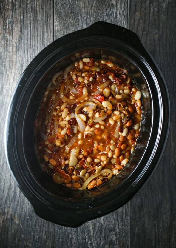baked beans recipe kept warm in a crock pot