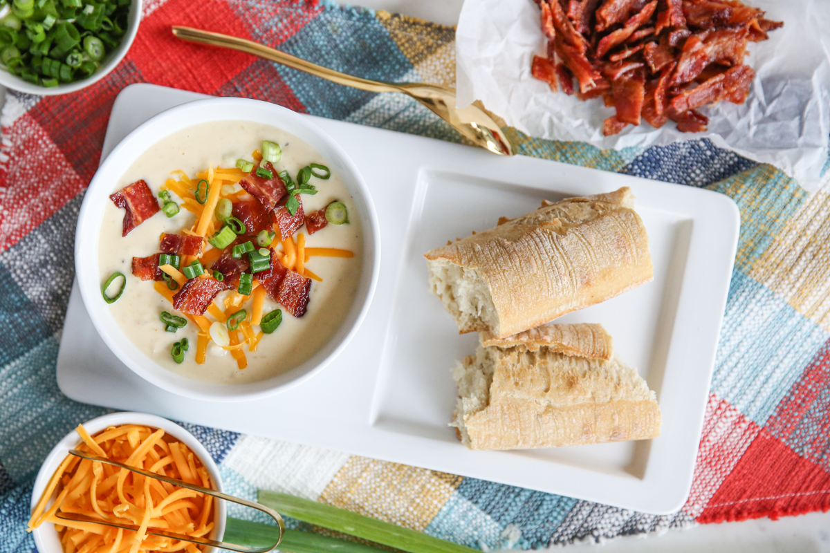 Baked Potato Soup in a while bowl