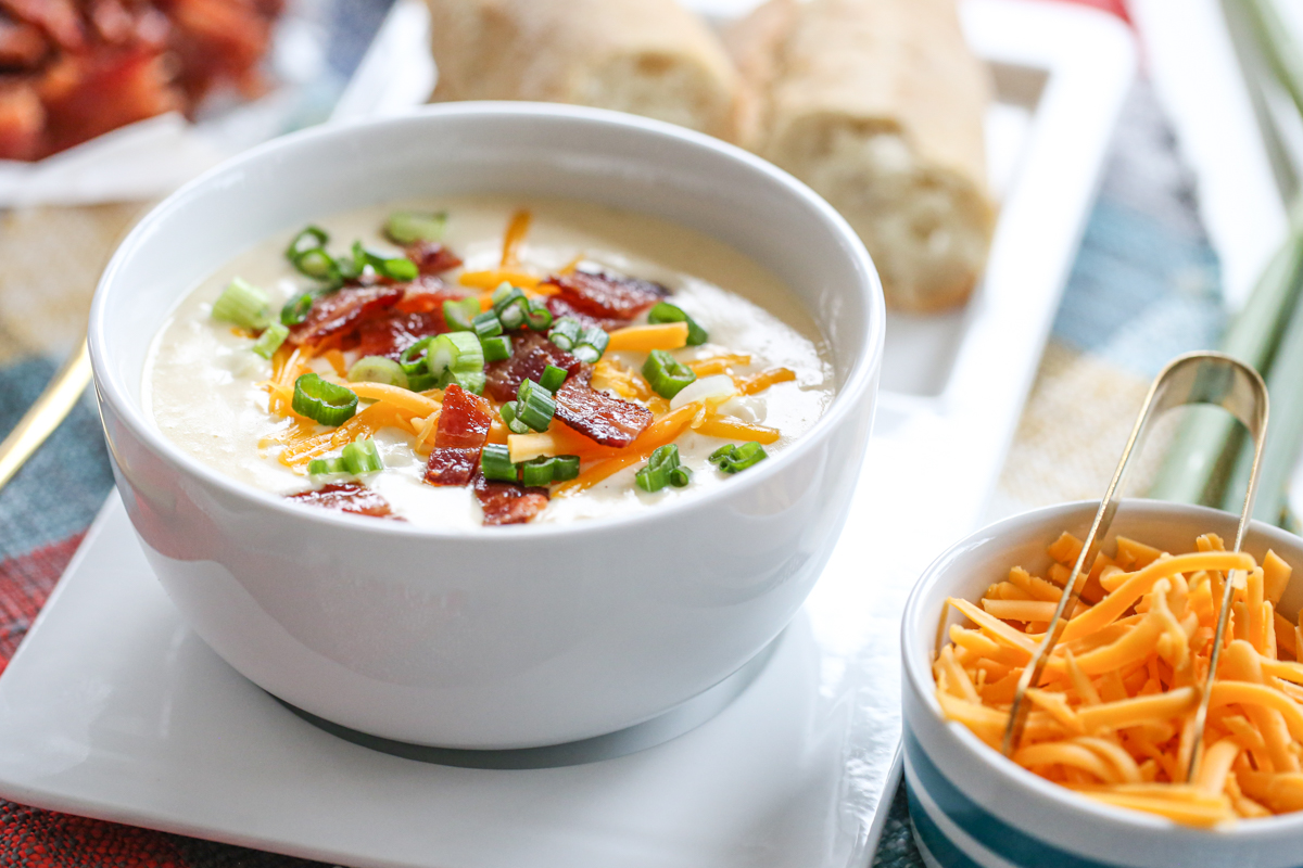 baked potato soup in a white bowl
