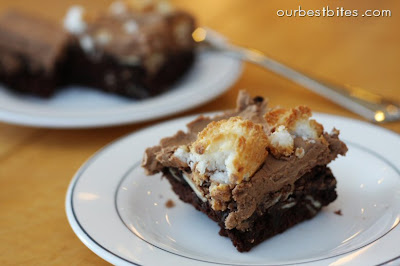 fudgy brownies with macaroons on top