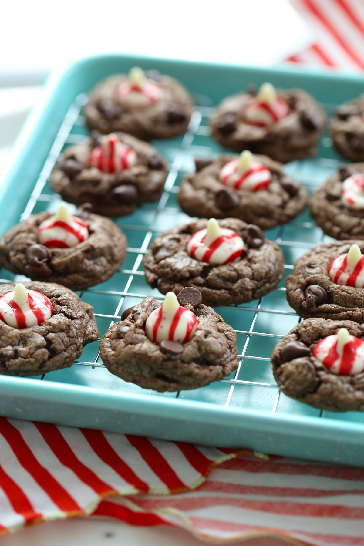chocolate candy cane kiss cookies on a tray