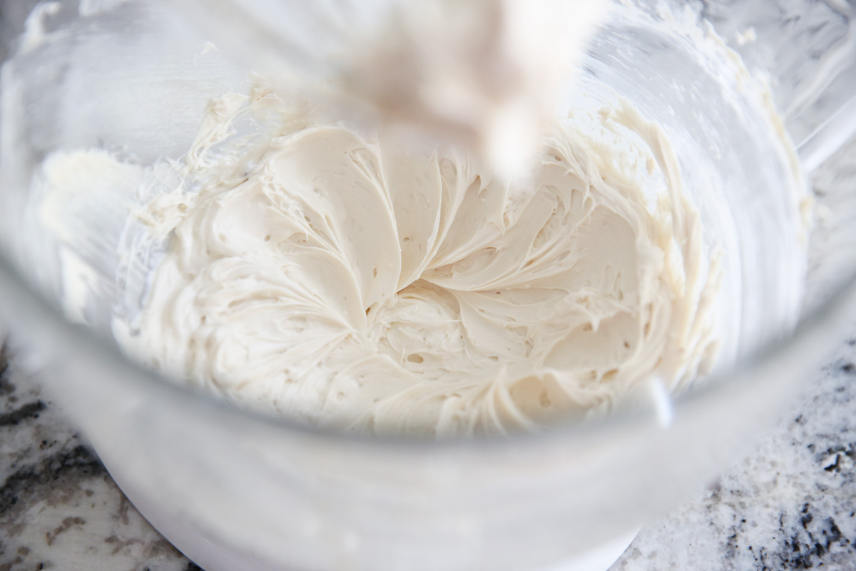 whipped creamy mixture in mixing bowl