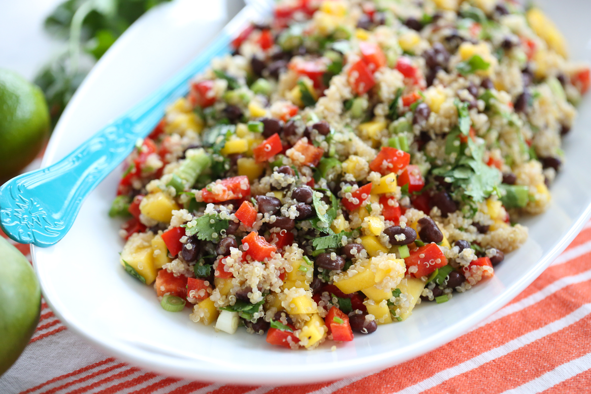 Black bean and mango salad in white serving dish