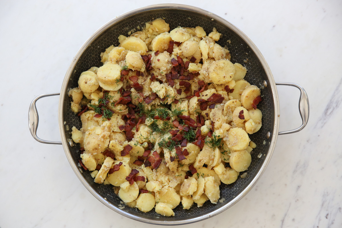 German potato salad in a skillet