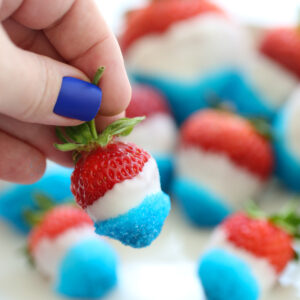 a strawberry dipped in blue sprinkles and white almond bark, to give a patriotic effect