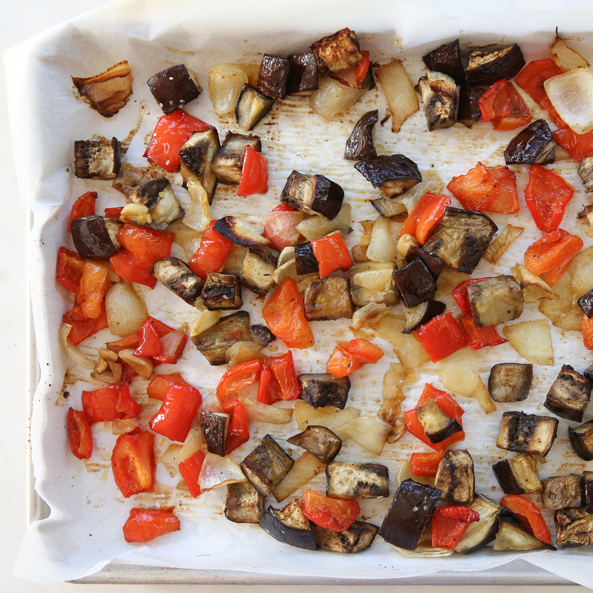roasted vegetables on a sheet pan
