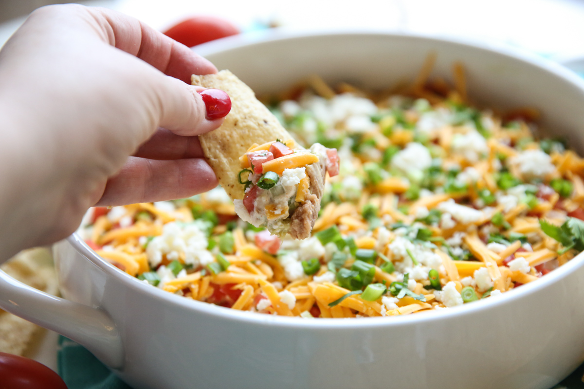 seven layer taco dip in a dish