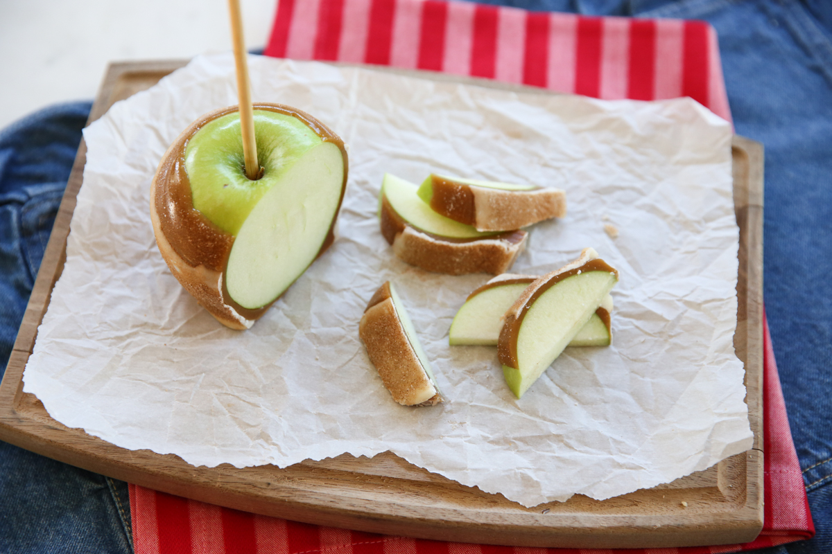 cut caramel green apple