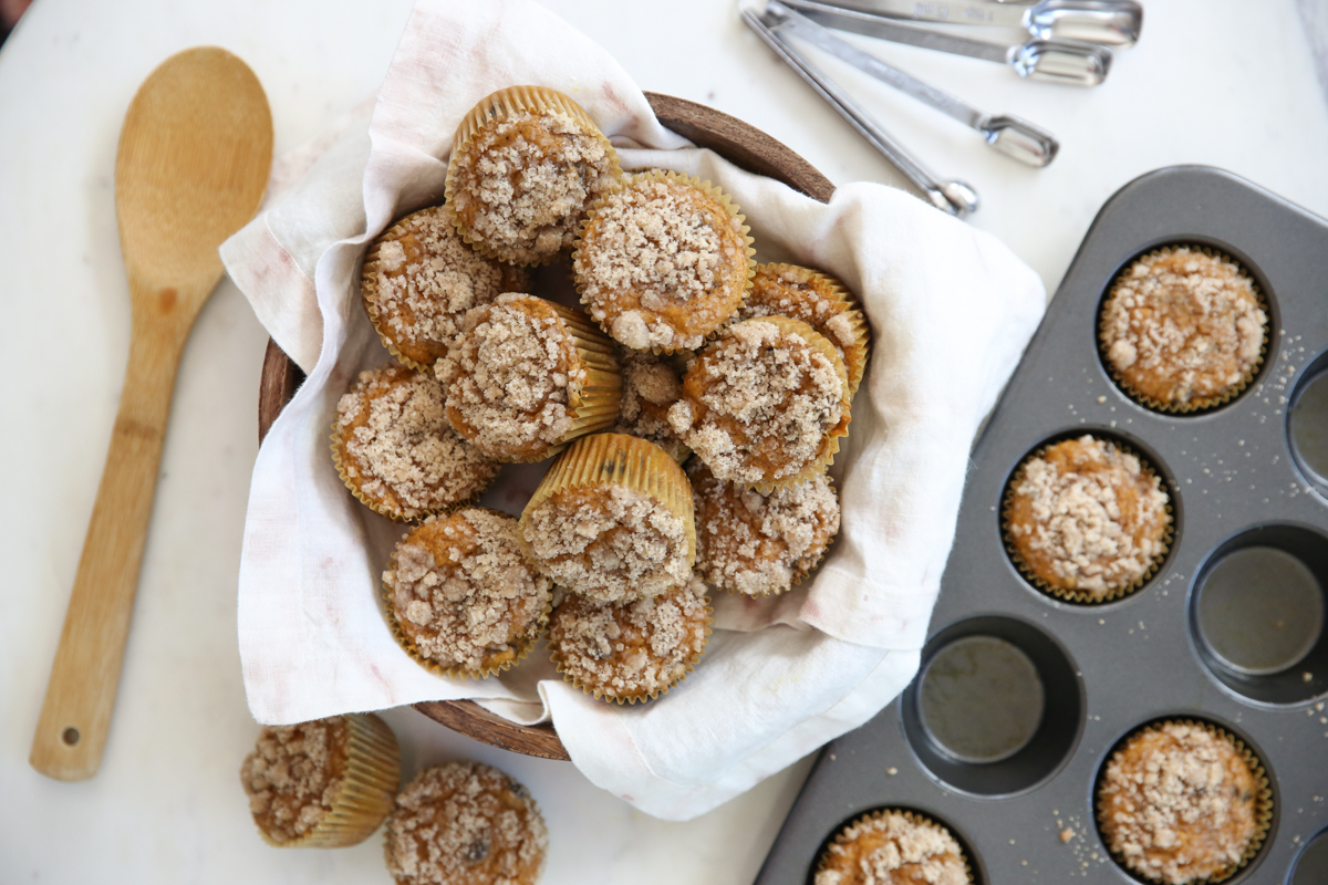 pumpkin muffins on counter with baking supplies