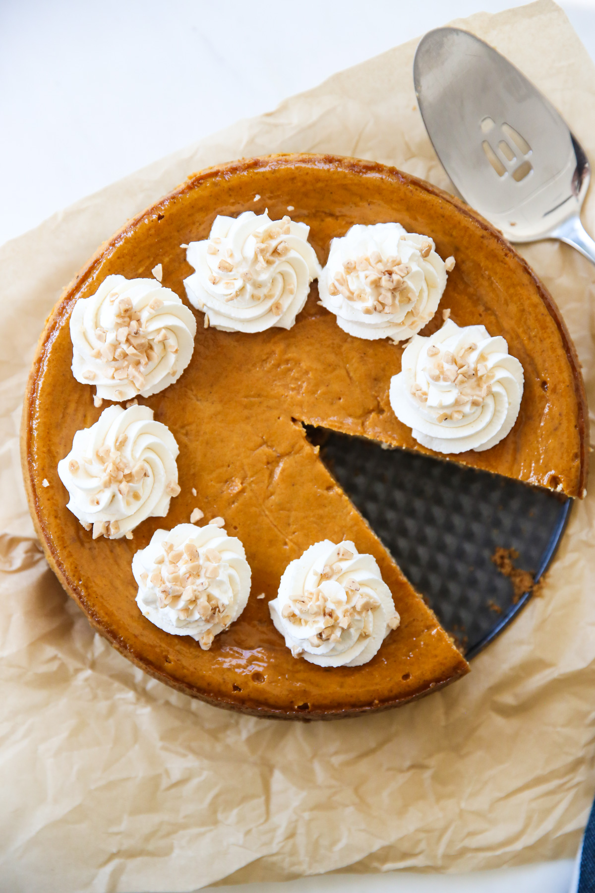 overhead shot of layered pumpkin pie