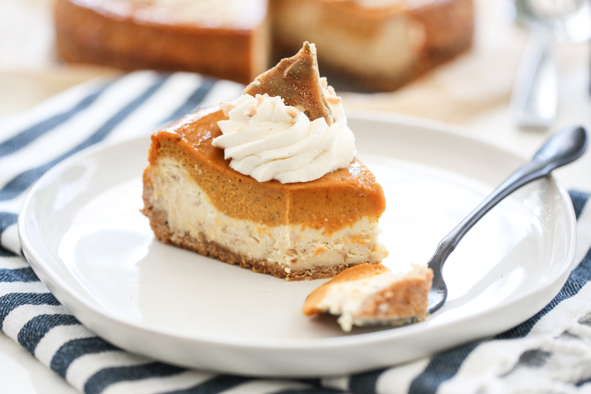 Bite of Layered Pumpkin Pie Cheesecake