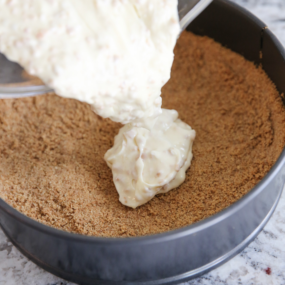 pouring batter in a pan