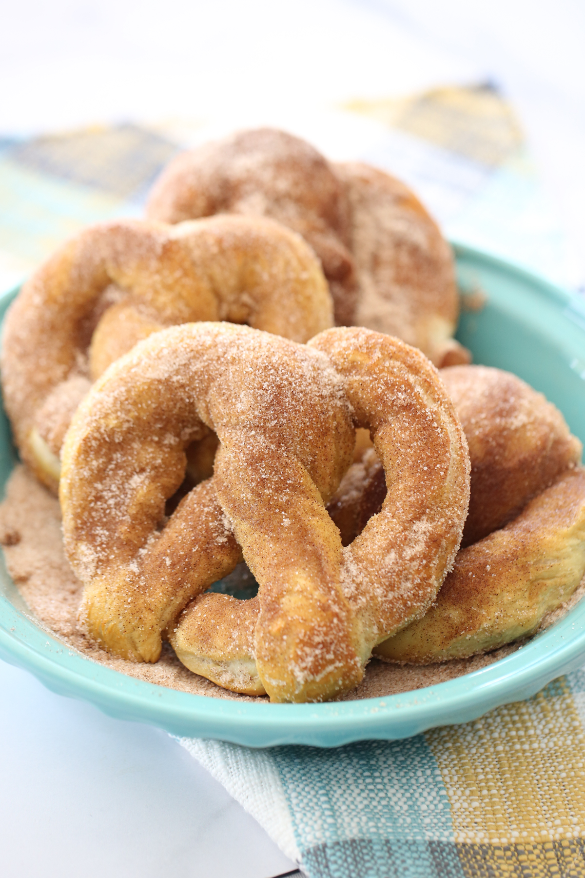 baked soft pretzel with cinnamon sugar