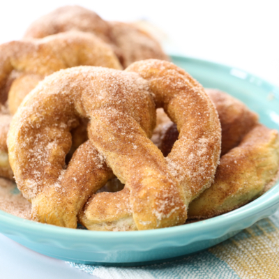 baked soft pretzel with cinnamon sugar