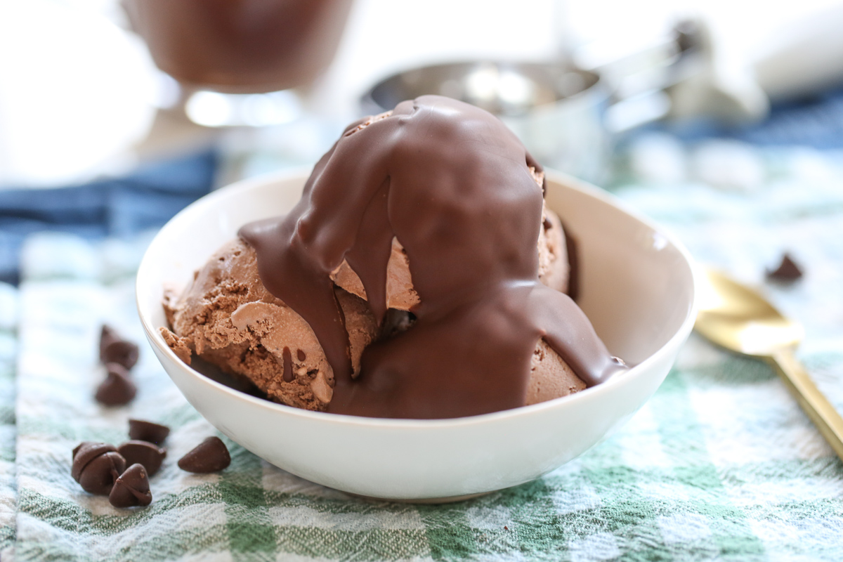 Chocolate ice cream with homemade magic shell topping