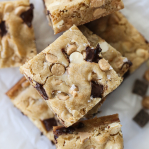 Triple chip blondies cut into squares.