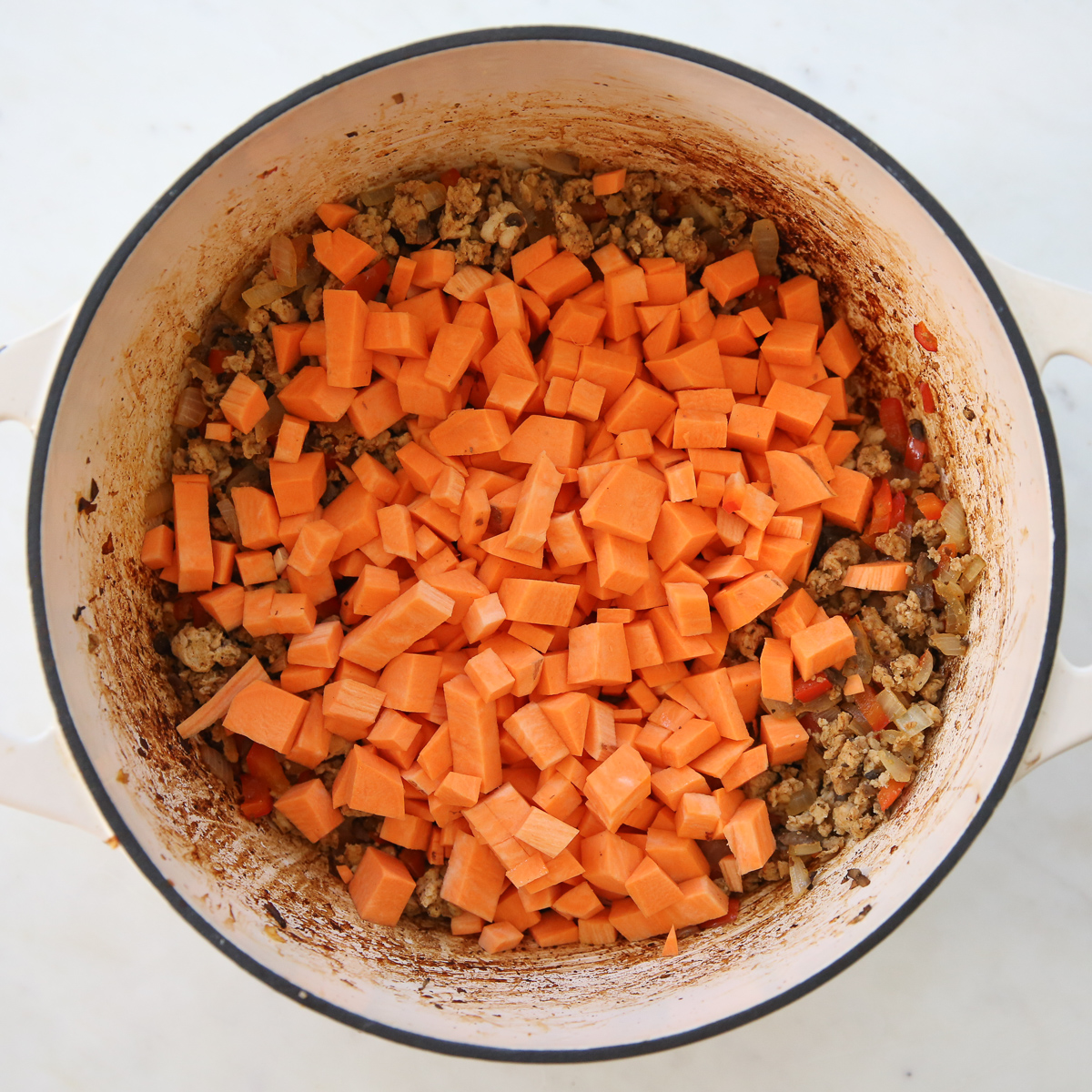 chopped sweet potatoes in a pot