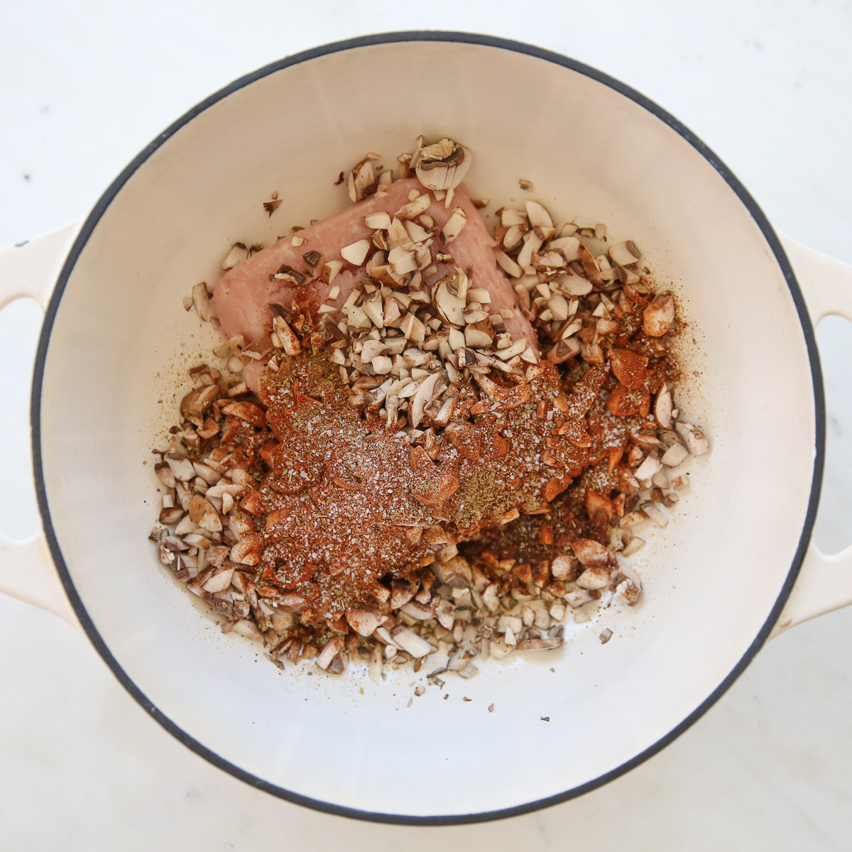turkey and seasonings in a pot
