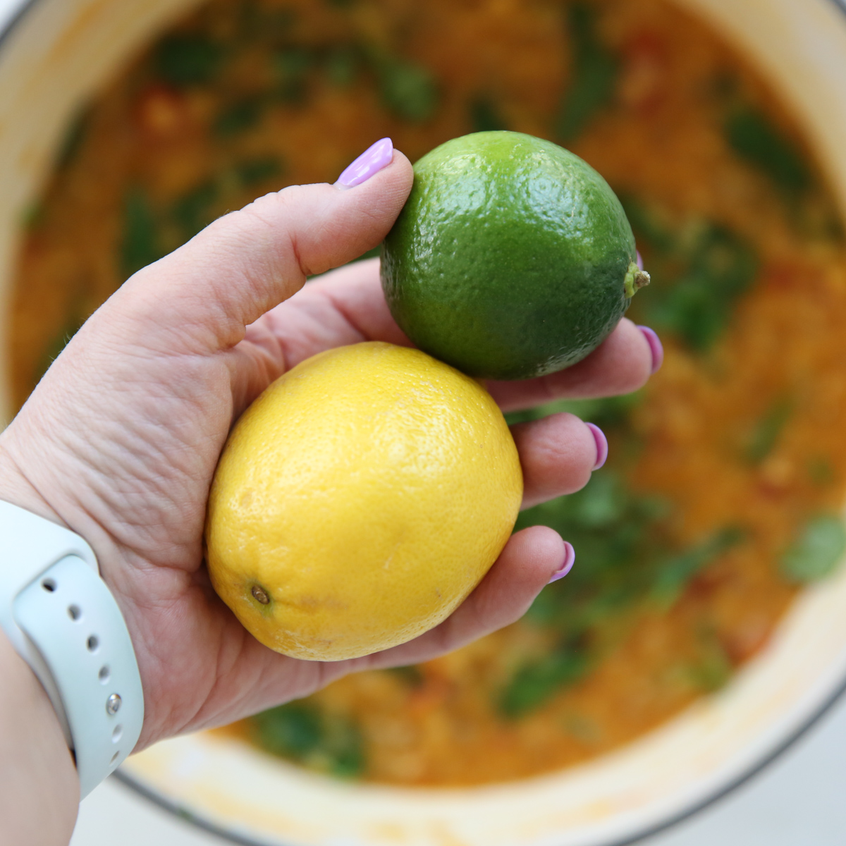 fresh lemon and lime being held over a pot