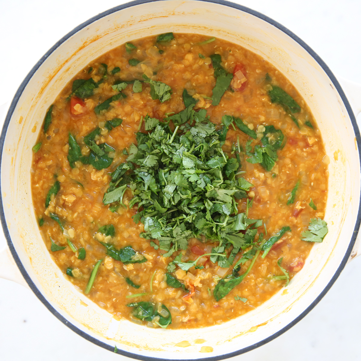 pot of cooked red lentils with cilantro on top