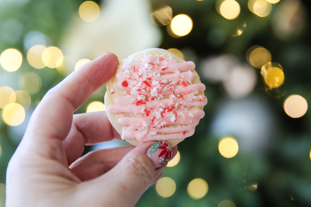 Peppermint Meltaway cookie being held up in front of twinkling lights