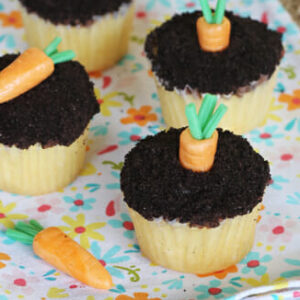 Mini cupcakes frosted with chocolate frosting and dipped in chocolate cookie crumbs, with a candy carrot stuck into it them to look like it's growing out of the dirt.