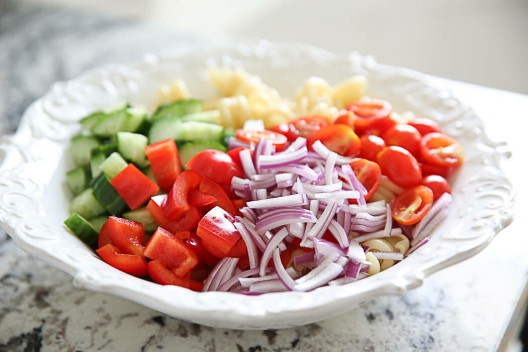 Pasta Salad veggies in bowl