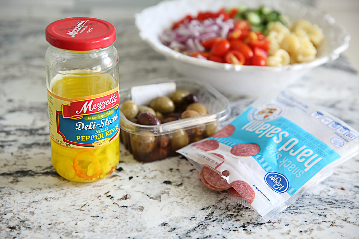 Ingredients needed for Greek Pasta Salad by Our Best Bites