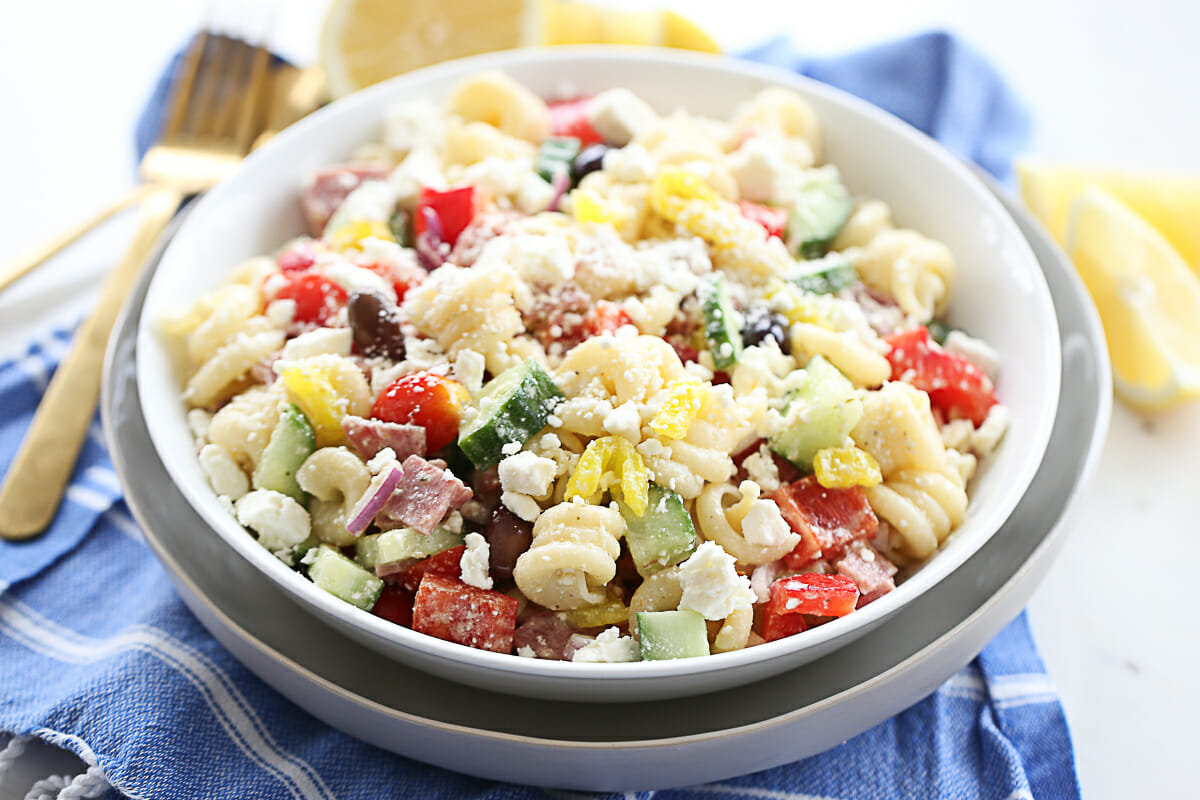 Greek Pasta Salad in Serving Bowl
