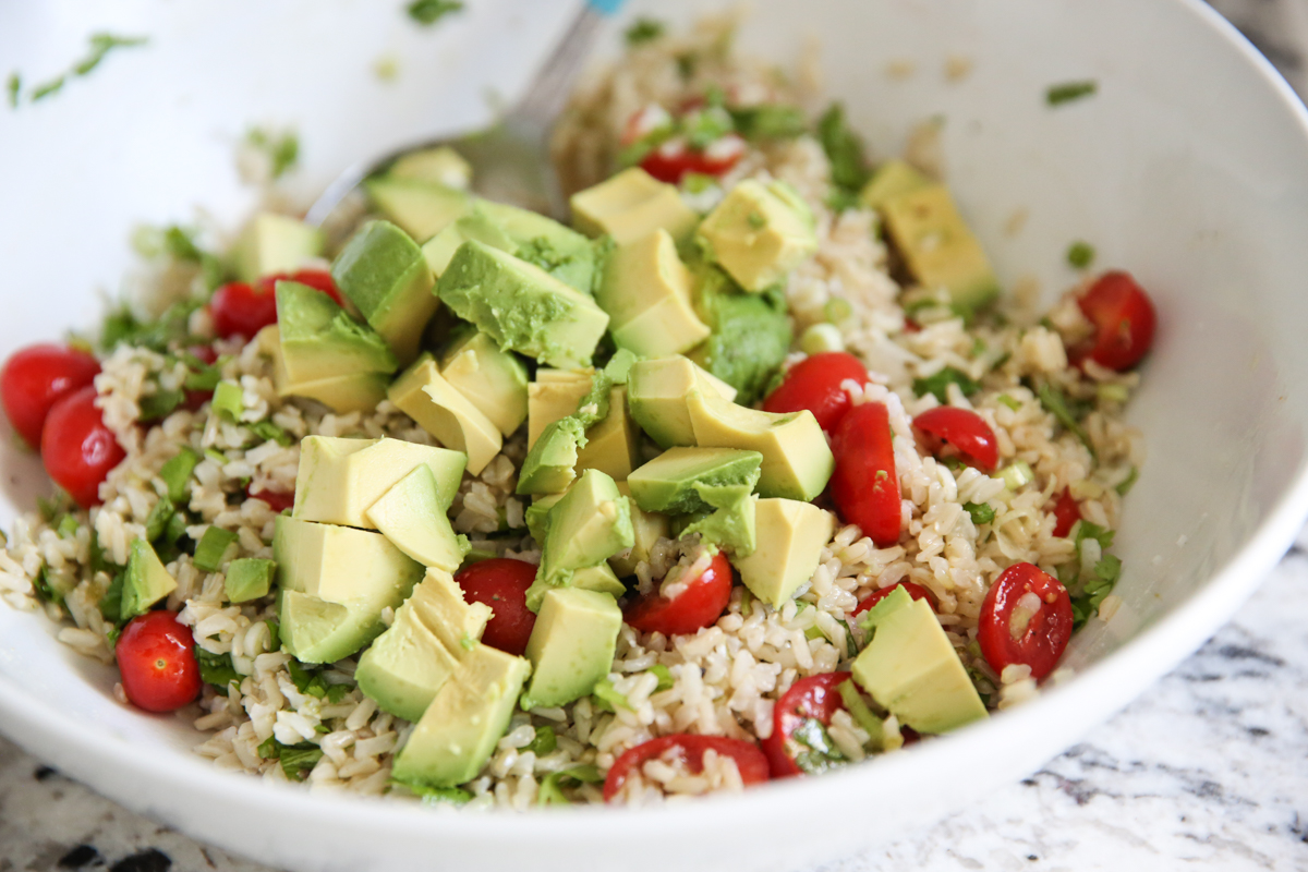 Southwest Brown Rice salad Recipe in a white bowl