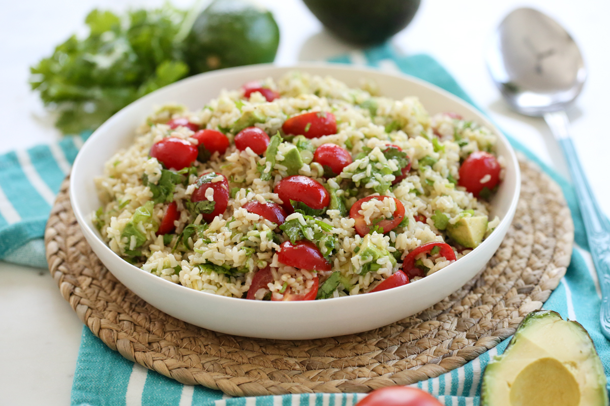 Southwest Brown Rice salad Recipe in a white bowl